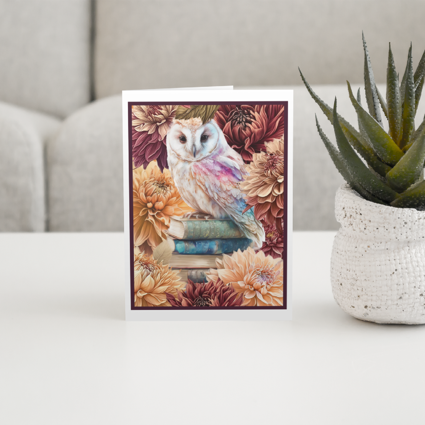 Greeting Card. Owl on Stack of Books With Dahlias.