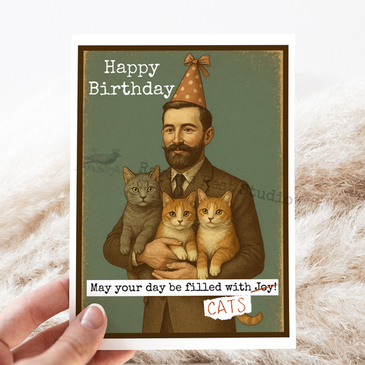 CAT Birthday Card. Funny Man With Cats. Vintage Style Cards.