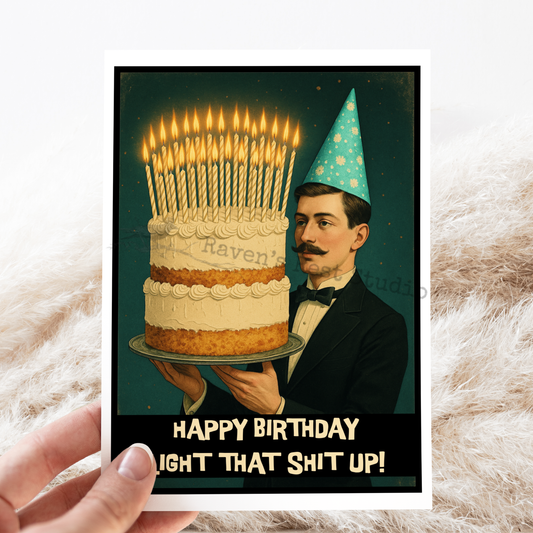 Funny Birthday Card. LARGE Cake. Vintage Style For Man.