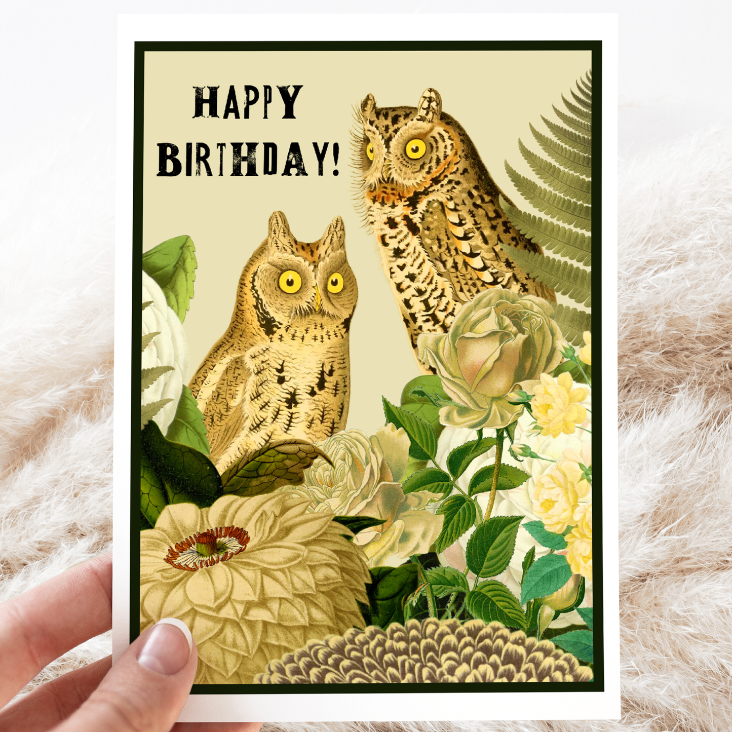 Birthday Card. Vintage Owls. White Flowers. Vintage Floral.