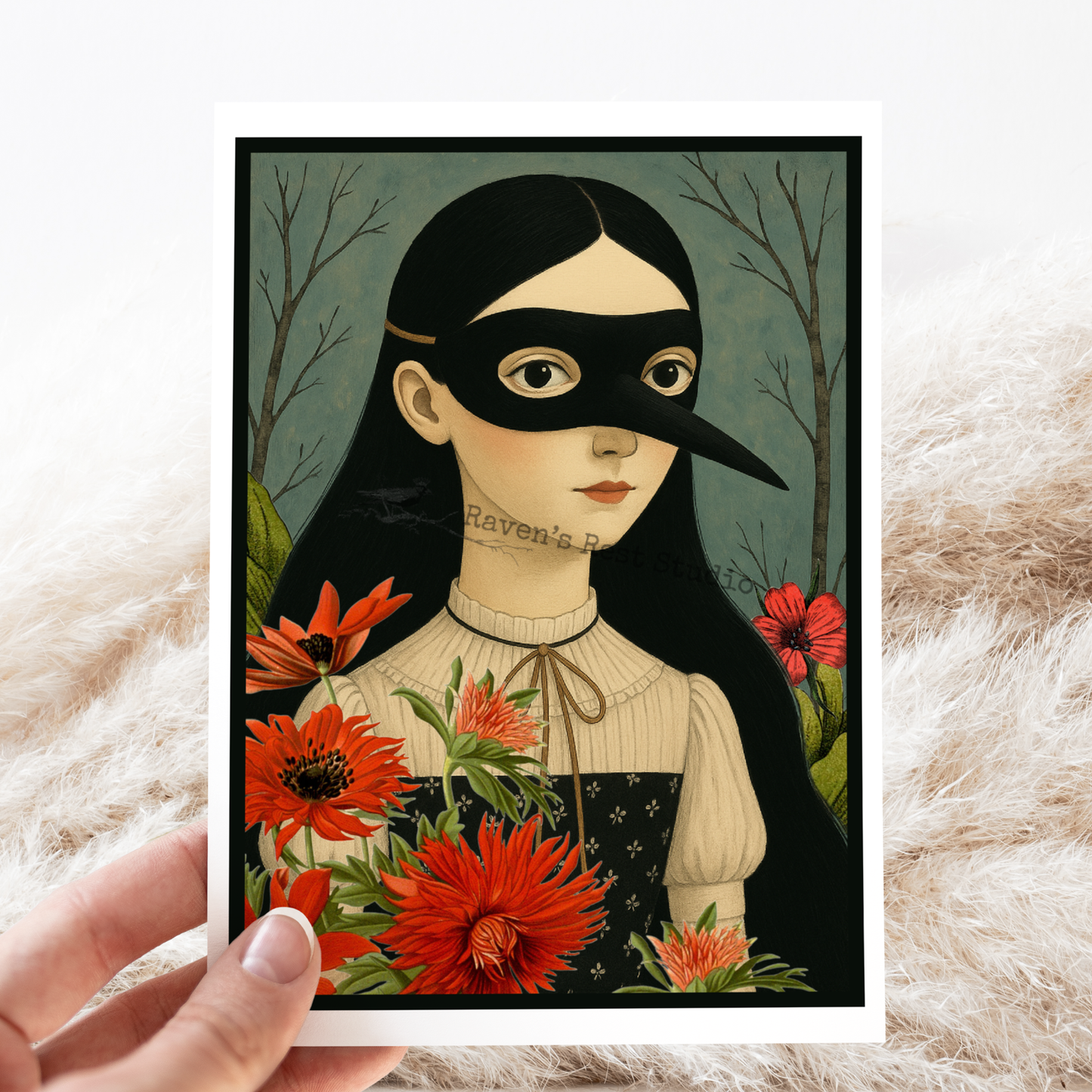 Greeting Card. Girl Wearing Crow Mask  Flowers. Illustration