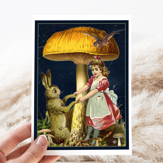 Greeting Card. Vintage Girl And Rabbit Under Toadstool.