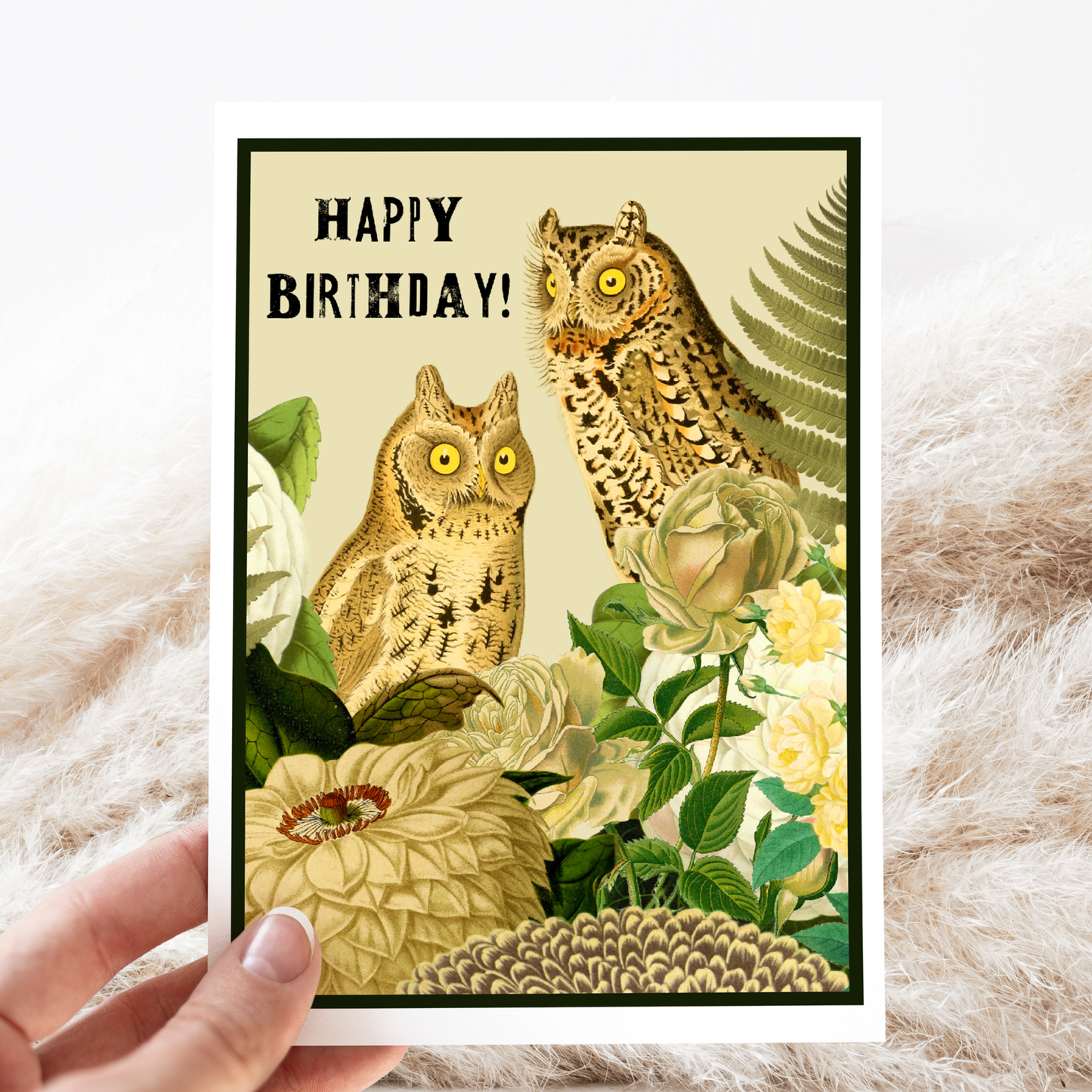 Birthday Card. Vintage Owls. White Flowers. Vintage Floral.