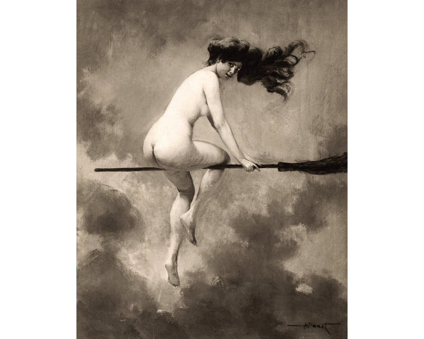 Witch on her broom | Vintage nude woman print | Albert Josep