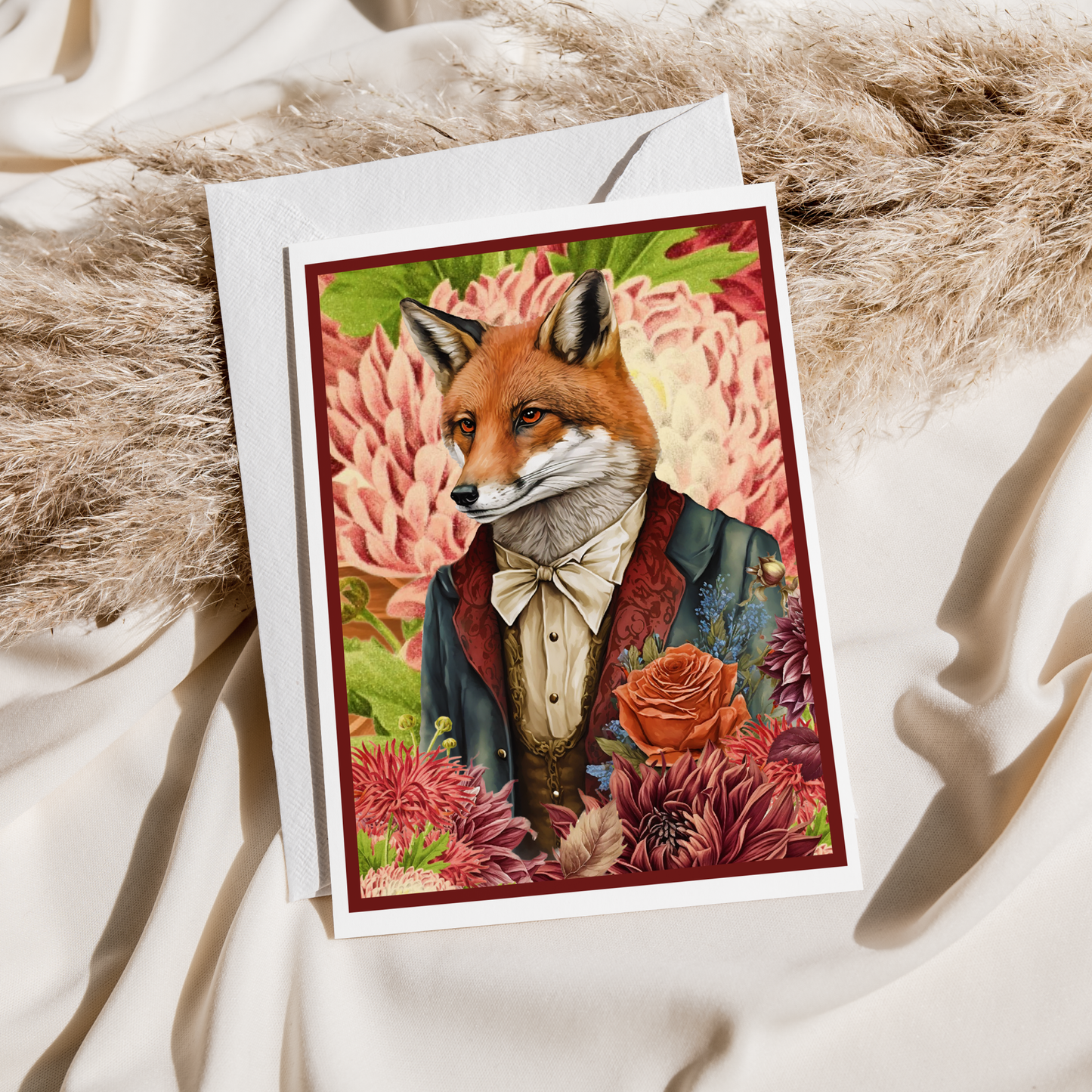 Greeting Card. Smartly Dressed Fox With Flowers.