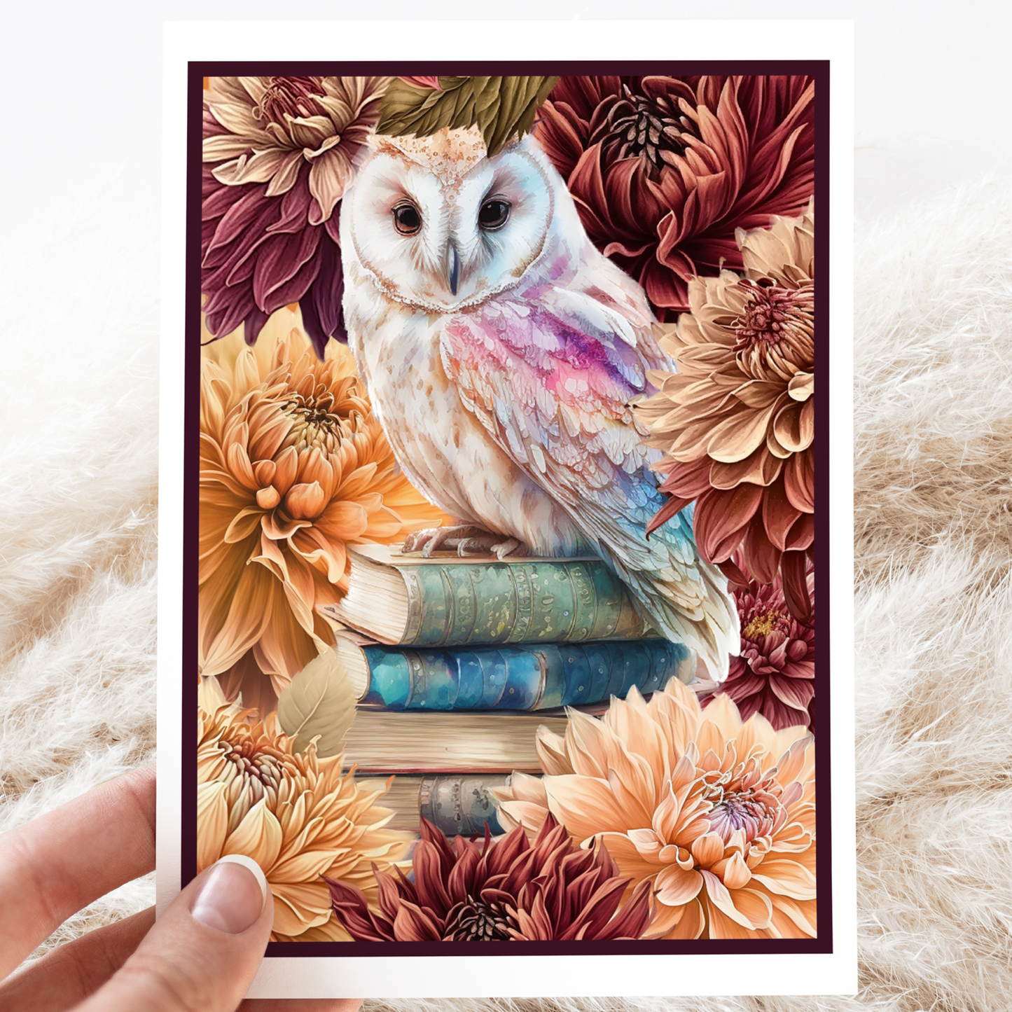 Greeting Card. Owl on Stack of Books With Dahlias.