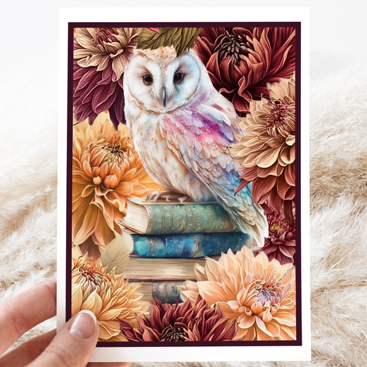 Greeting Card. Owl on Stack of Books With Dahlias.
