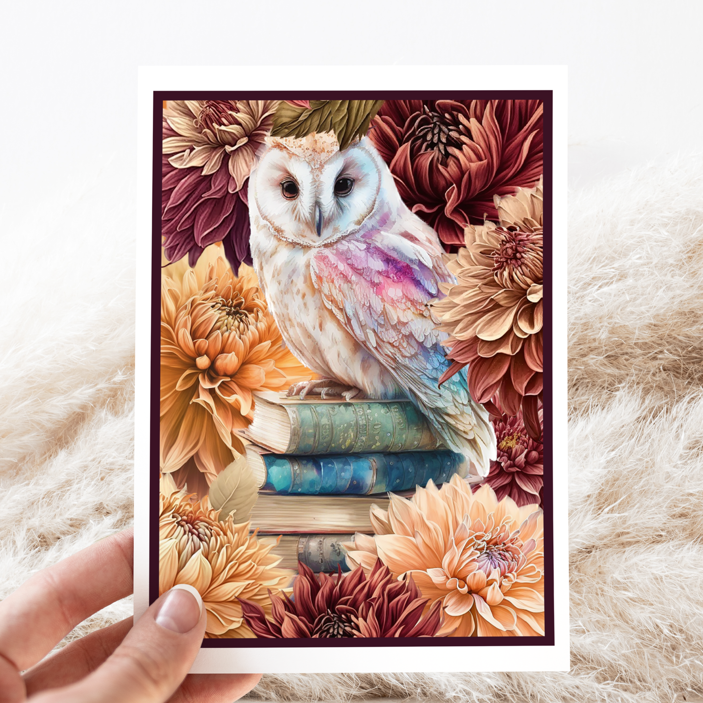 Greeting Card. Owl on Stack of Books With Dahlias.