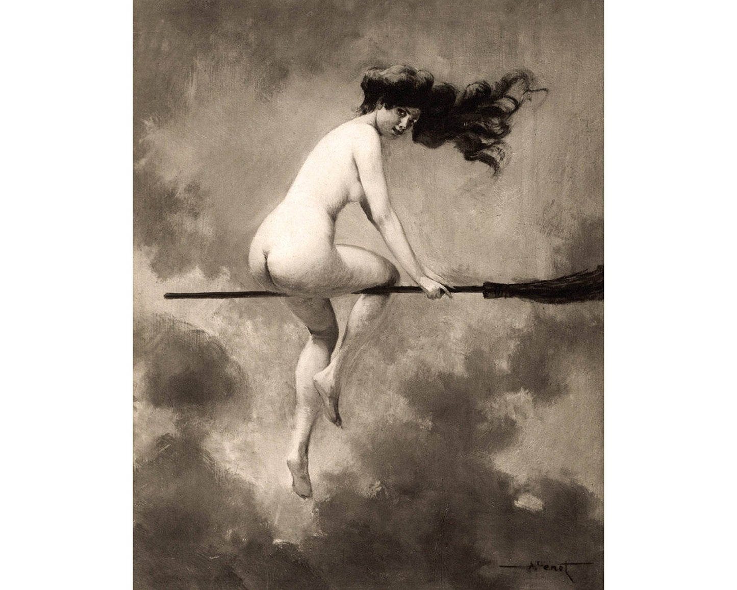 Witch on her broom | Vintage nude woman print | Albert Josep