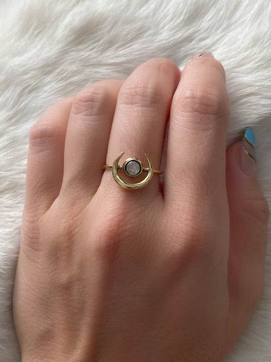 Brass Horn Ring with Faceted Moonstone