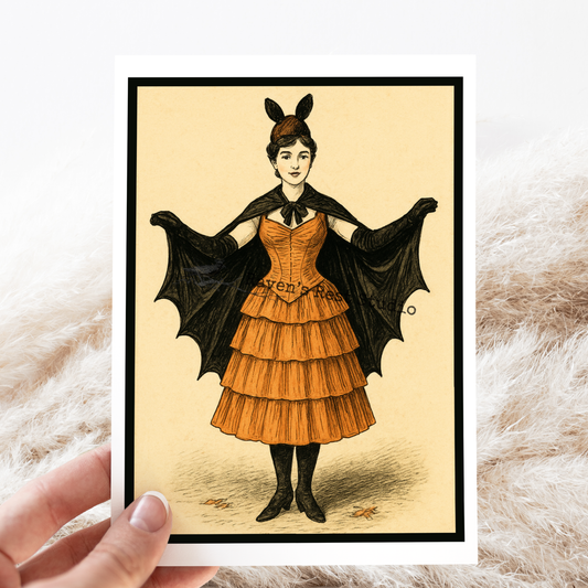 Halloween Card. Vintage Postcard Style. Woman in Bat Costume