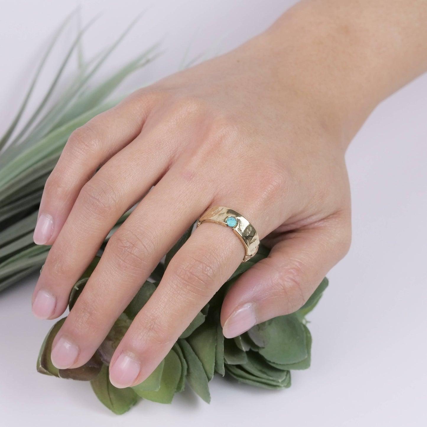 Brass Textured Turquoise Ring