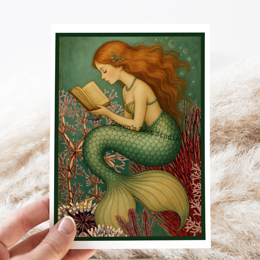Greeting Card. Magical Mermaid Reading a Book Illustration.