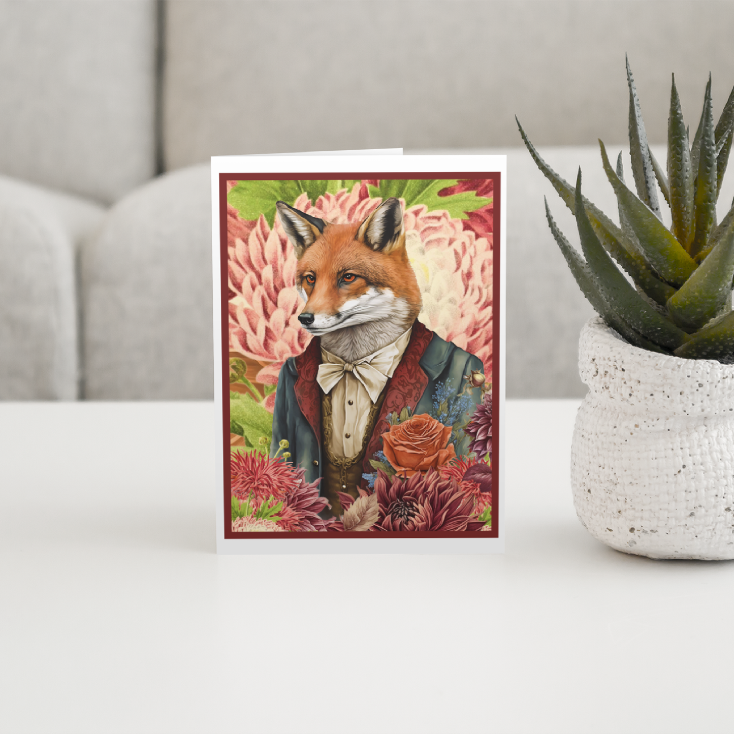 Greeting Card. Smartly Dressed Fox With Flowers.