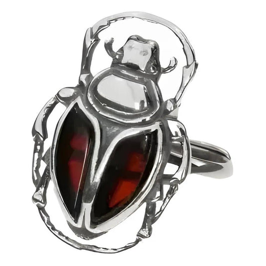 Cherry Amber Sterling Silver Scarab Adjustable Ring